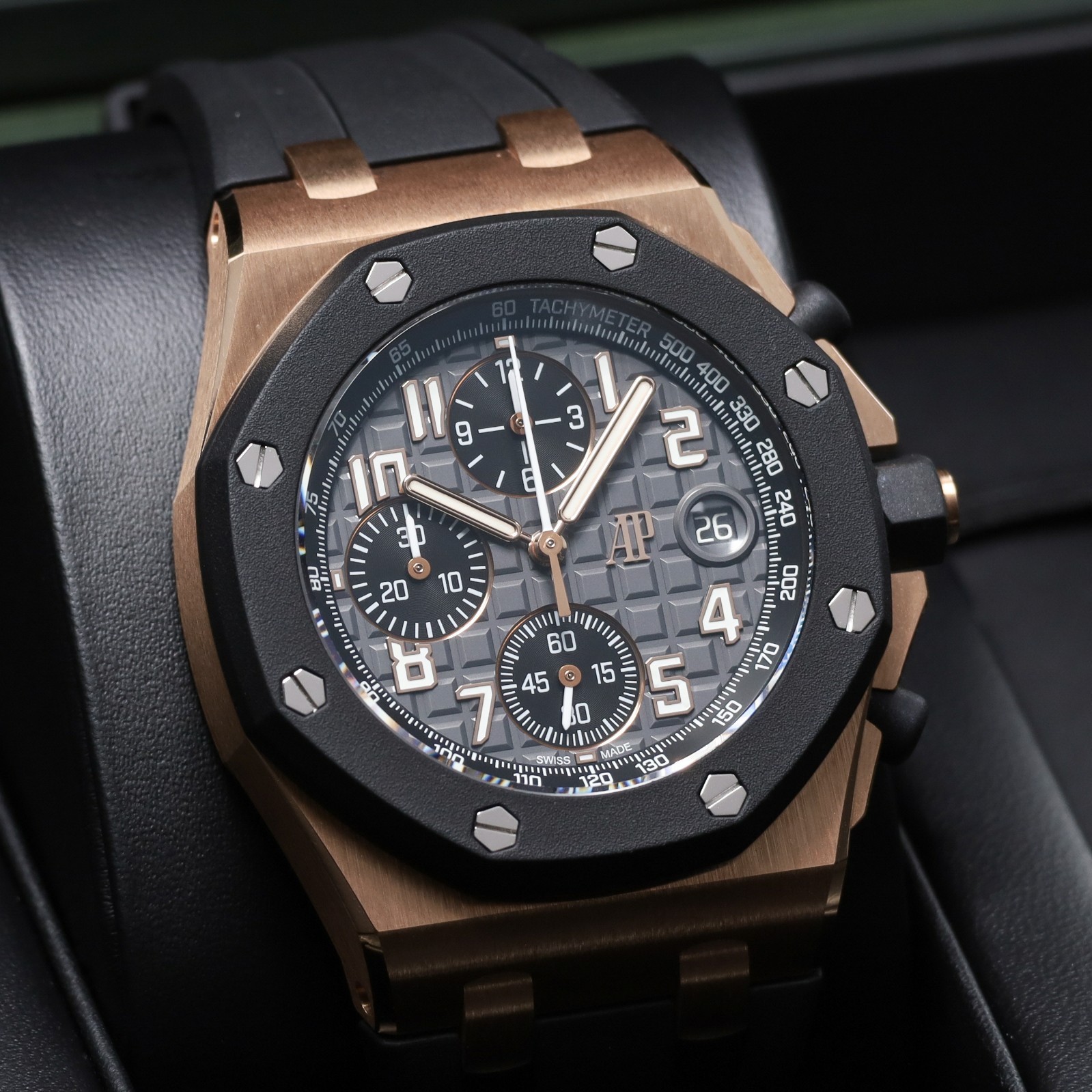 AP Royal Oak Offshore 42mm Rose Gold Grey Tapisserie Dial Rubber Strap 26238OK