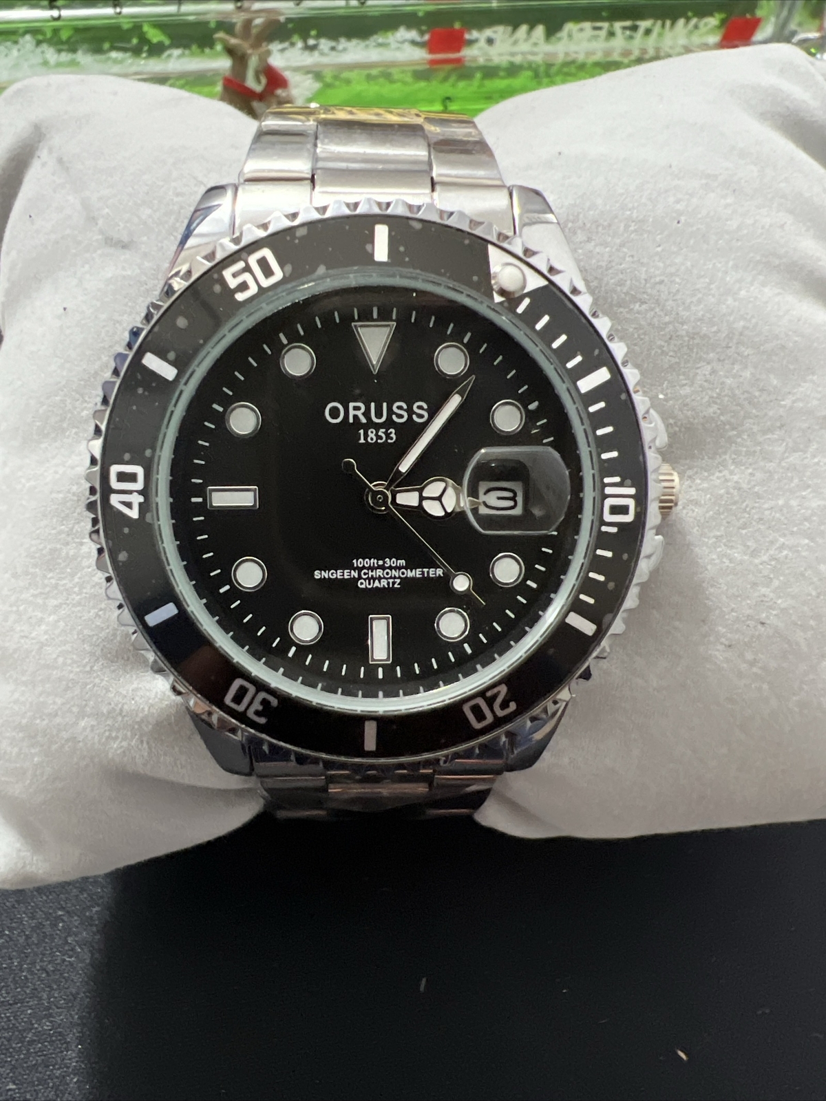 Mens Oruss 1853 Round Silver Tone Black Dial Bezel Date Analog Quartz Watch