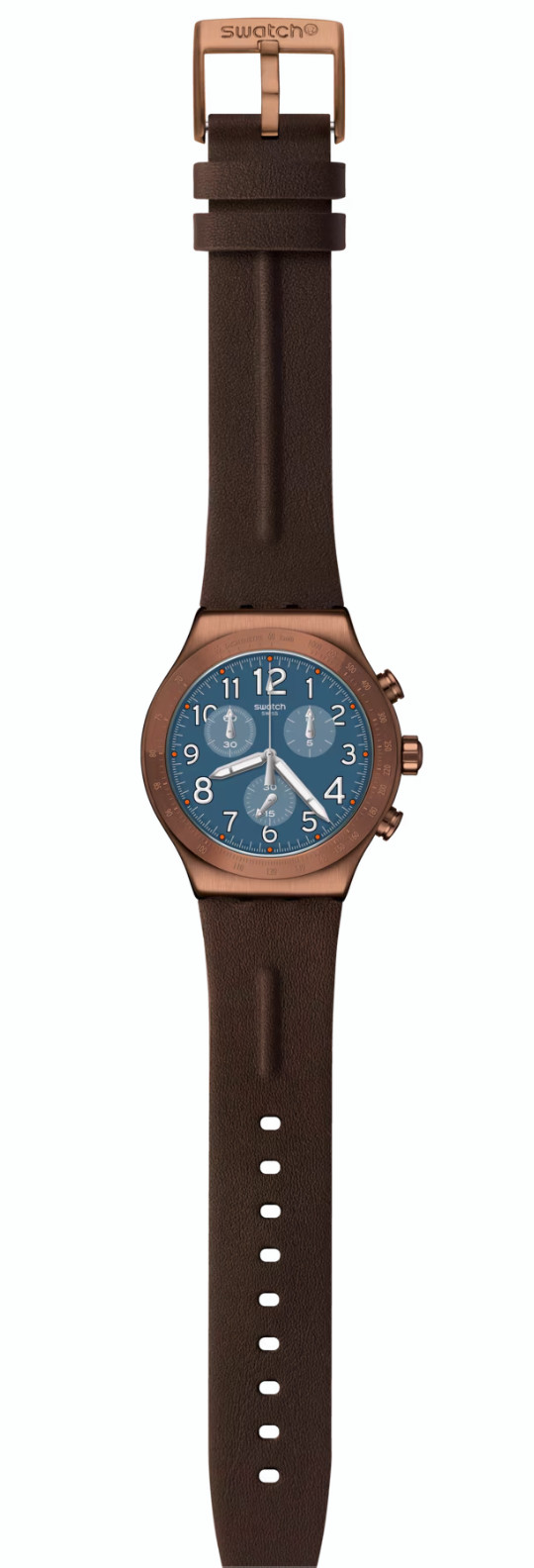 SWATCH+IRONY NEW CHRONO YVC100 BACK TO COPPER 43MM NEW BLUE GRAY DIAL GLOW