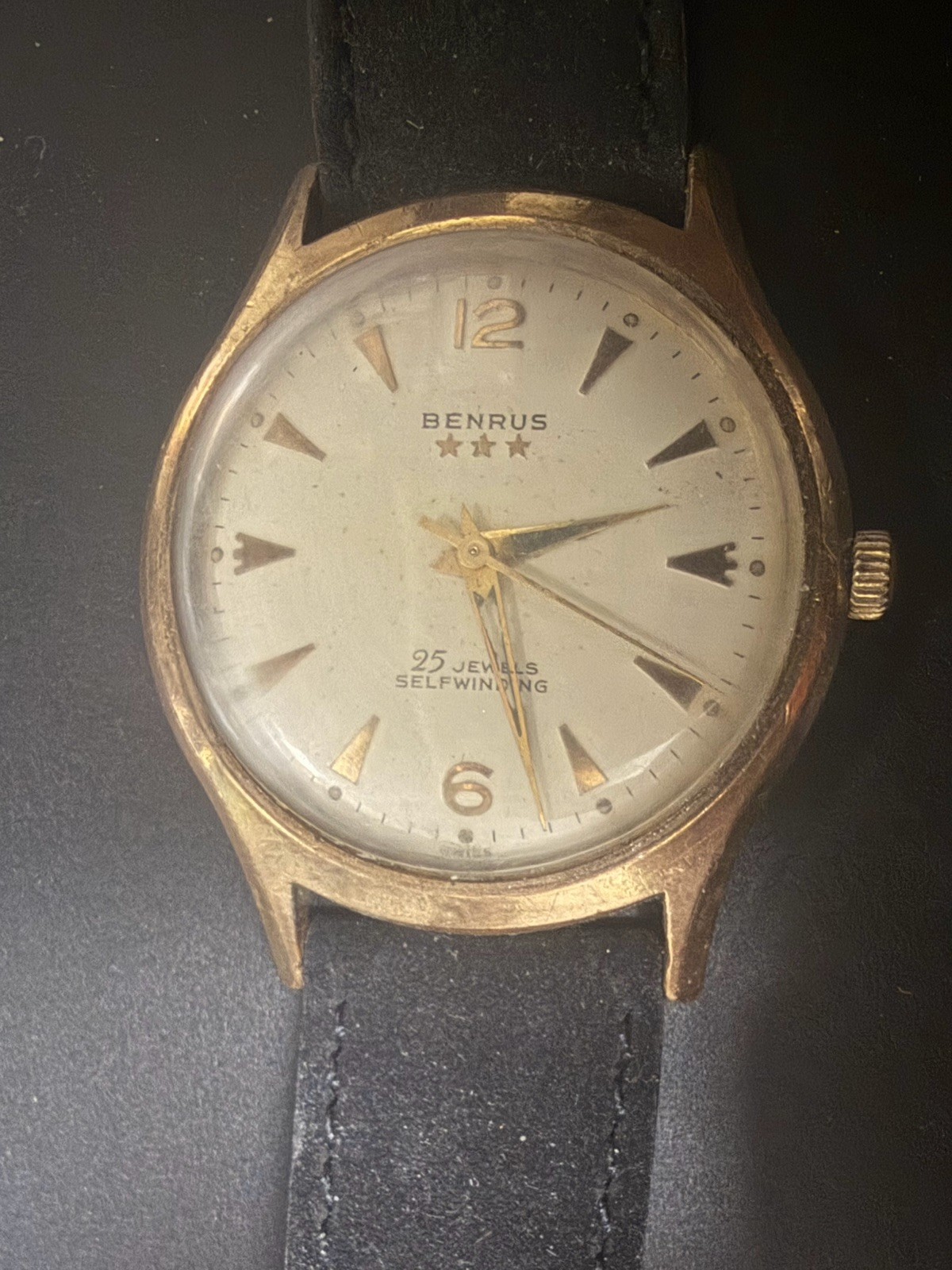 Vintage Benrus 3 Star Self Winding Men’s Watch Gold Tone Working.