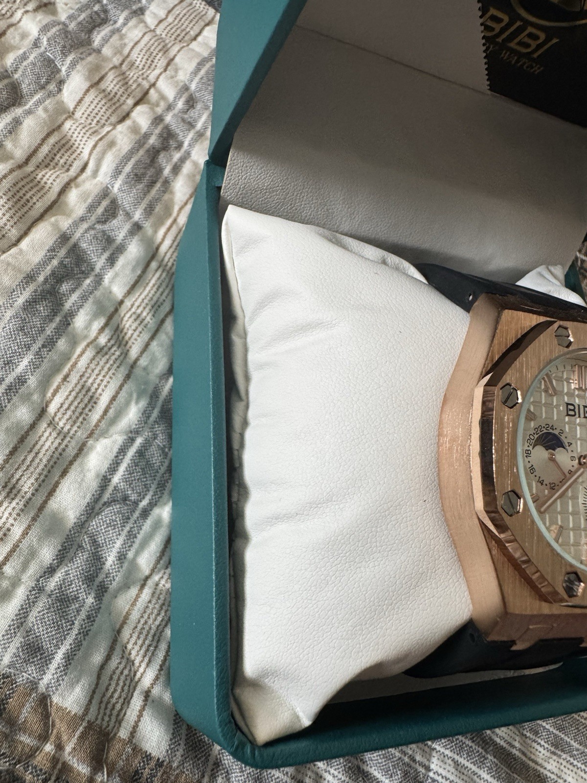 BIBI Luxury Watch Quartz Octagon Rose Gold Tone Black Rubber Strap Date w/ Box