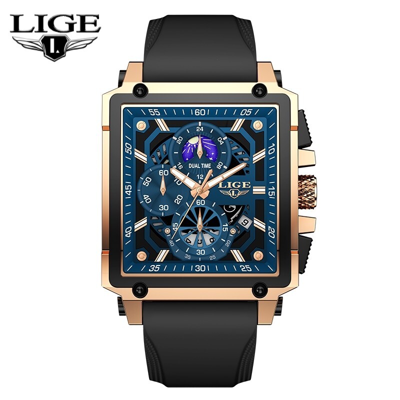 Men’s Watches Square Date Moon image Luminous Dial 3ATM Waterproof Wristwatch