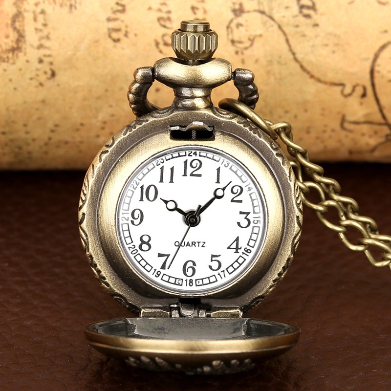 Mini Steampunk Quartz Pocket Watch Engraved Antique Bronze w/ Necklace Chain
