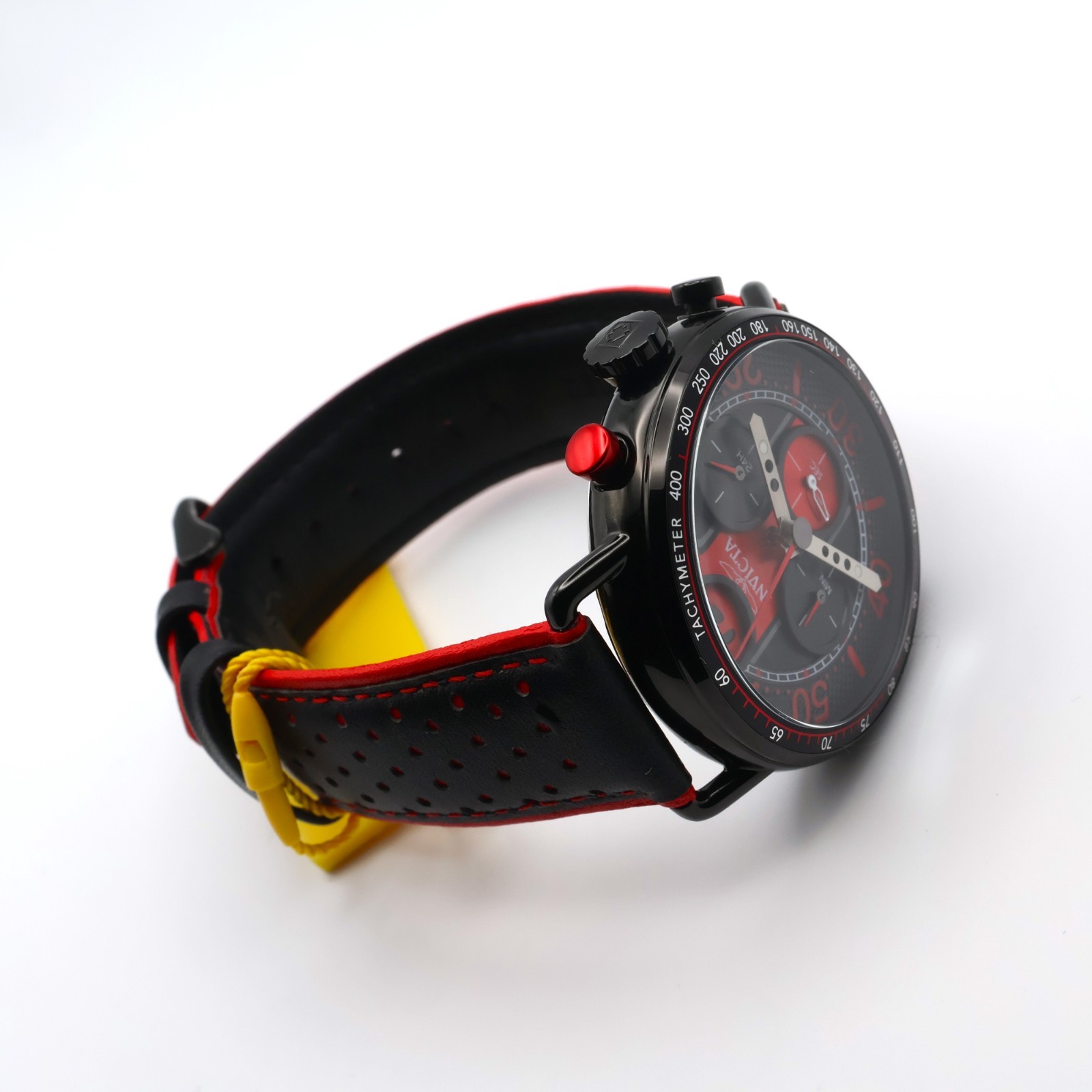 Invicta Racing Chronograph 49366 44mm Black Red Dial Leather Strap Date Quartz