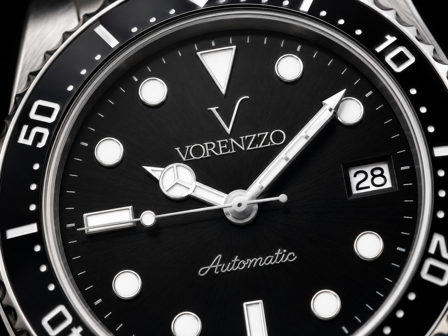 VORENZZO Automatic Black Diver Watch Sapphire Crystal Steel Bracelet