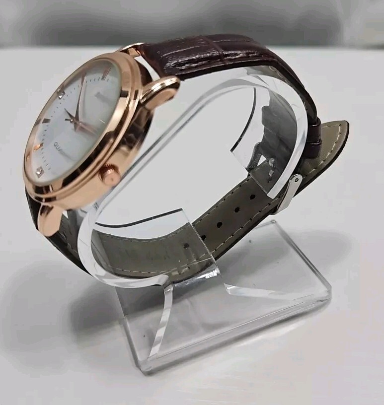 Mreurio White Dial Rose Gold Tone Case Brown Leather Band MensWatch New Battery