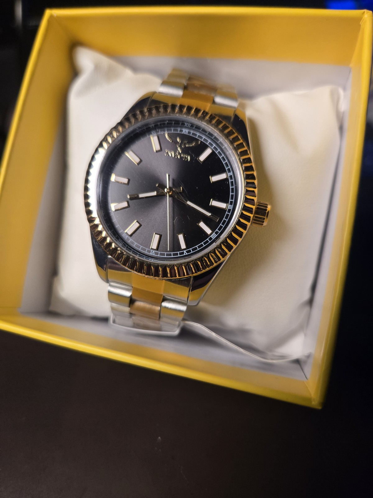 Invicta Aviator Men’s Quartz 44mm Two-Tone Black Dial Fluted Bezel 100m