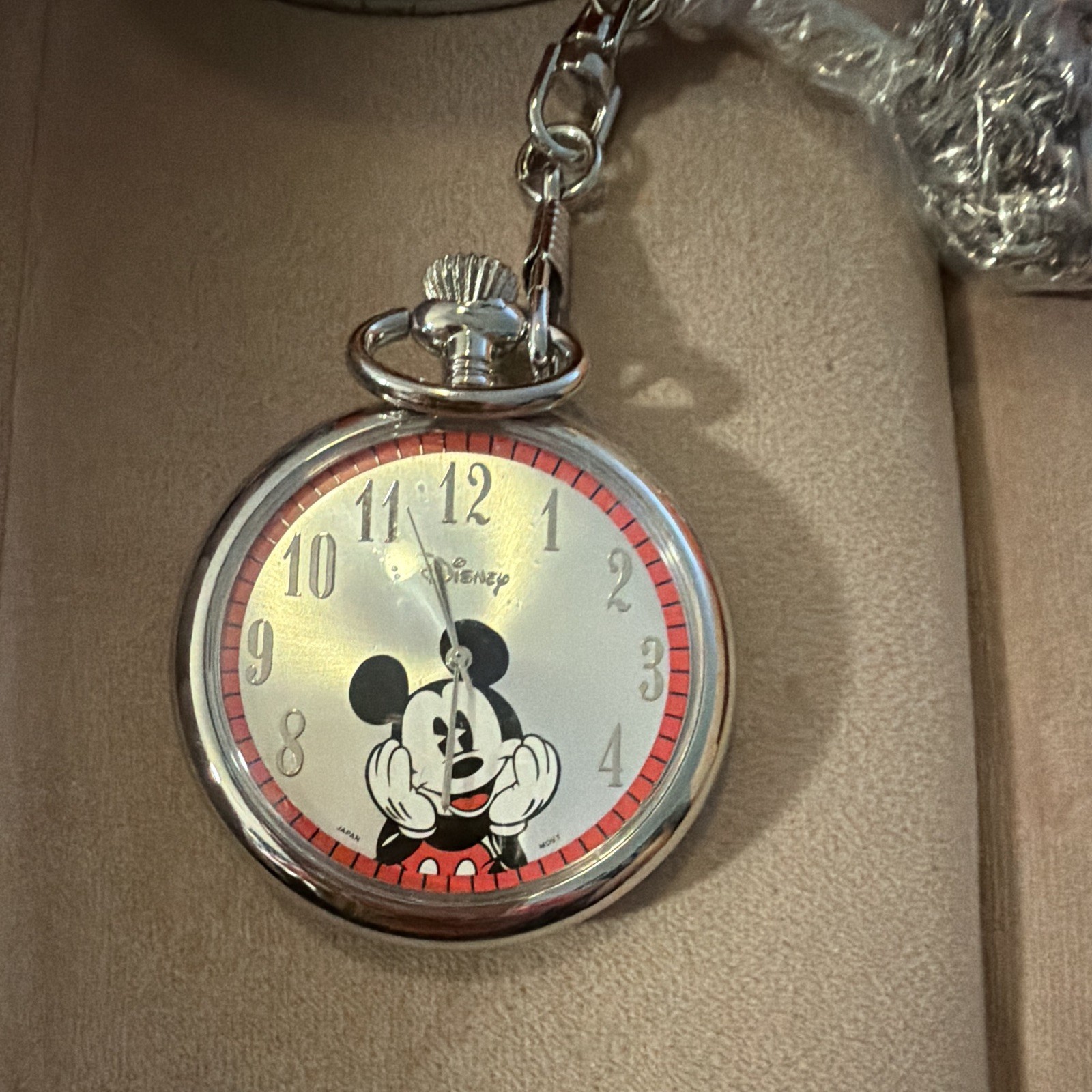 Vintage Disney Mickey Mouse Silver Pocket Watch w/ Chain & Original Tin