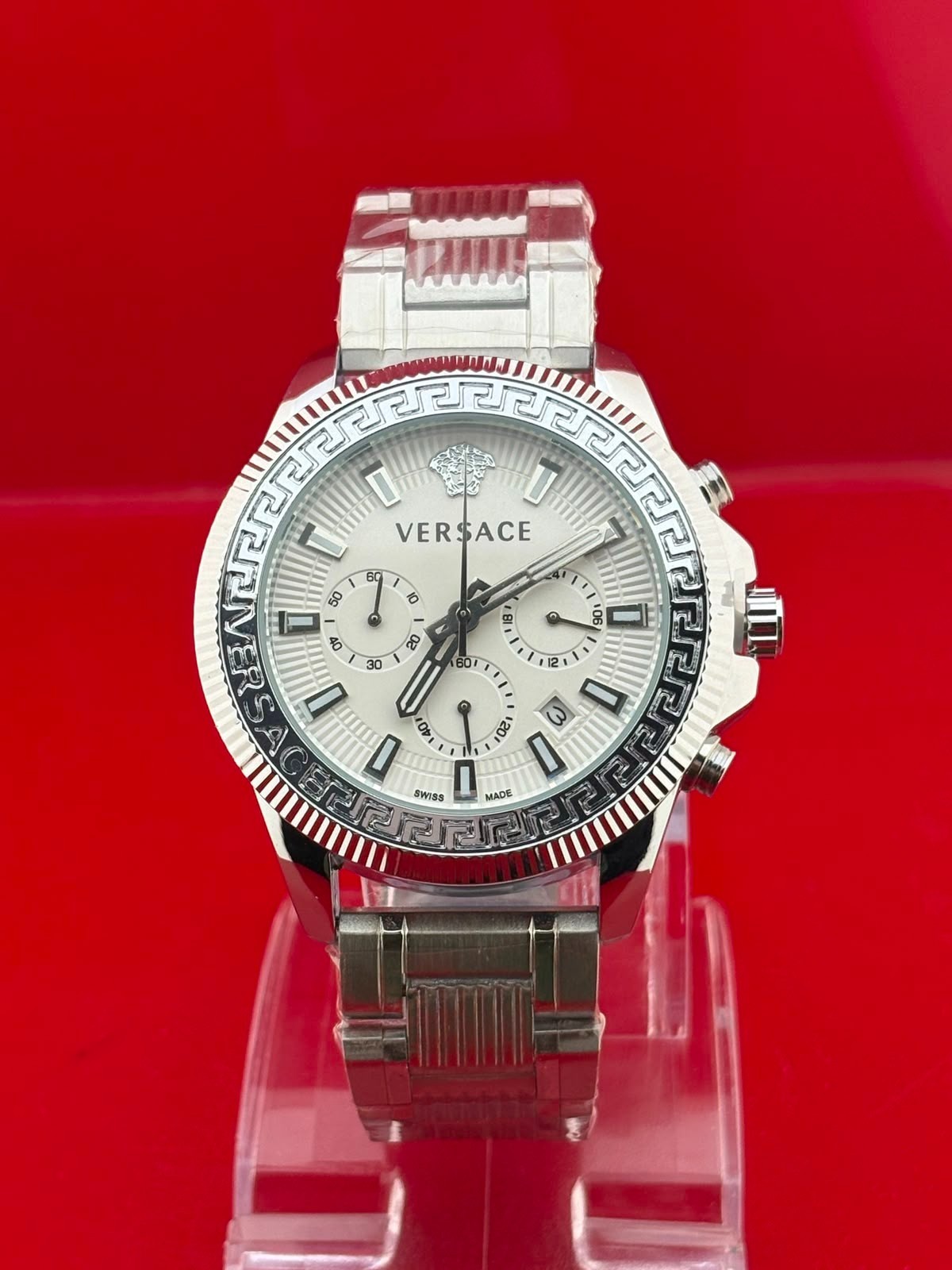 vintage Versace Chronograph Silver dial With wristwatch fully working condition