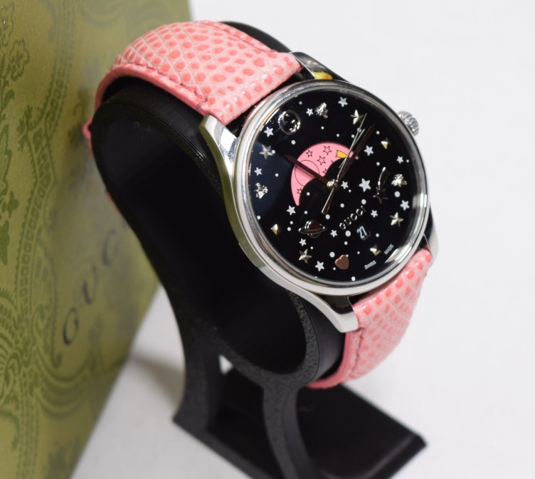 Gucci G-timeless Slim Black Moonphase Pink Leather Swiss Quartz Watch – 35mm