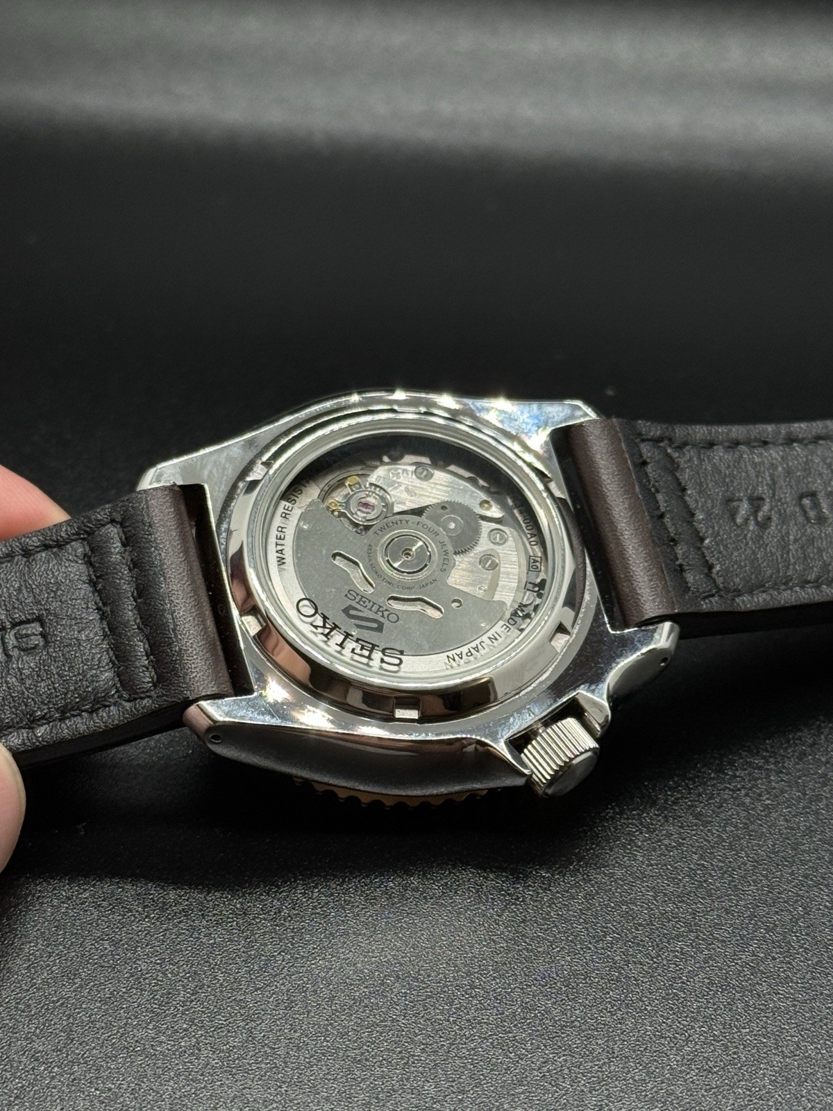 Seiko 5 Sports GMT Automatic Black Dial Brown Leather Strap 42mm Box Papers