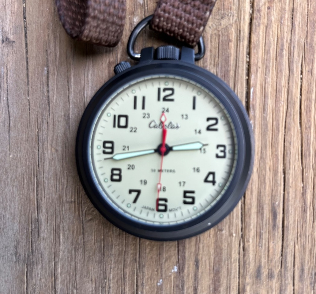 VTG Cabela’s Pocket Watch Brown Leather Case Japan Movement Outdoor Gear Field