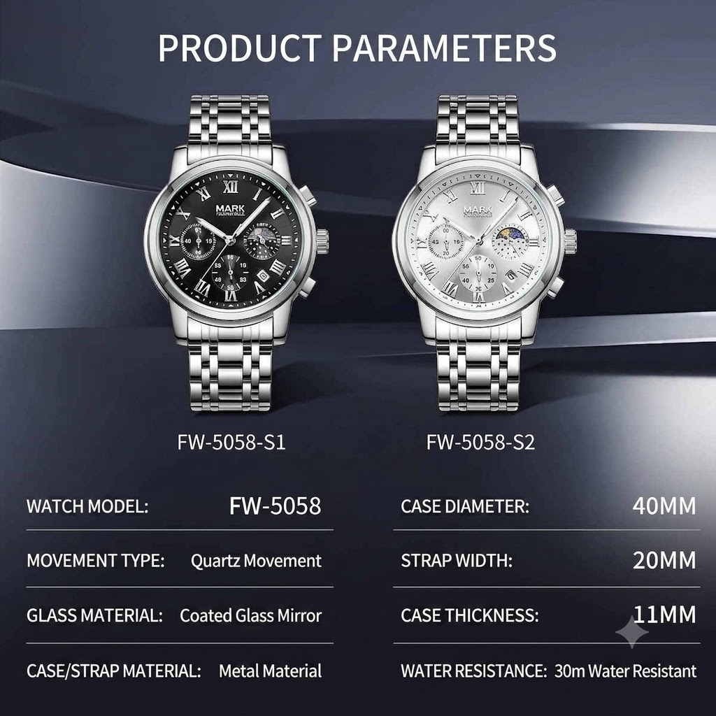 MARK FAIRWHALE Men’s Gift Calendar Moon Phase Chronograph Luminous Quartz Watch