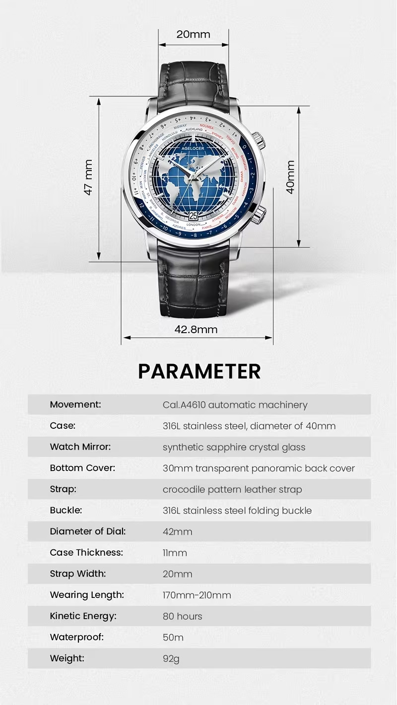 Agelocer World Time Genuine Watch Men’s Luxury Automatic Mechanical Watch