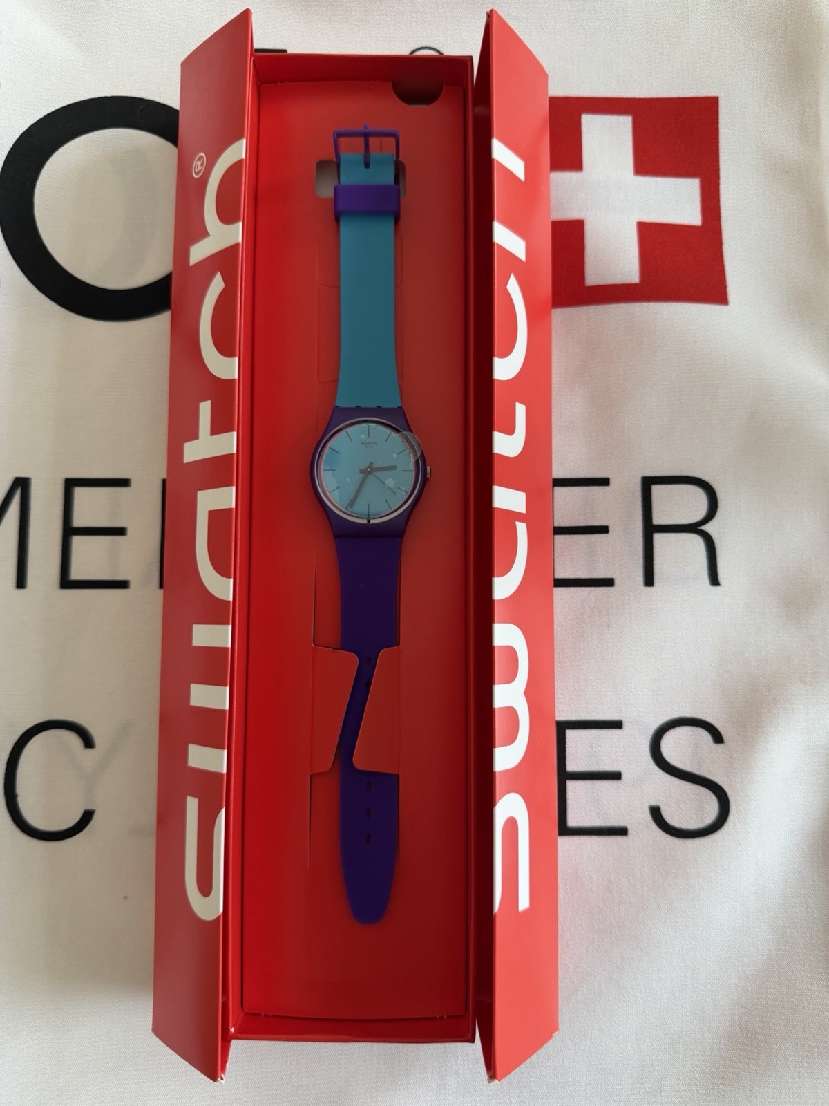 Swatch GV128 Polymer Watch – Turquoise Dial& Purple Strap – New in Box