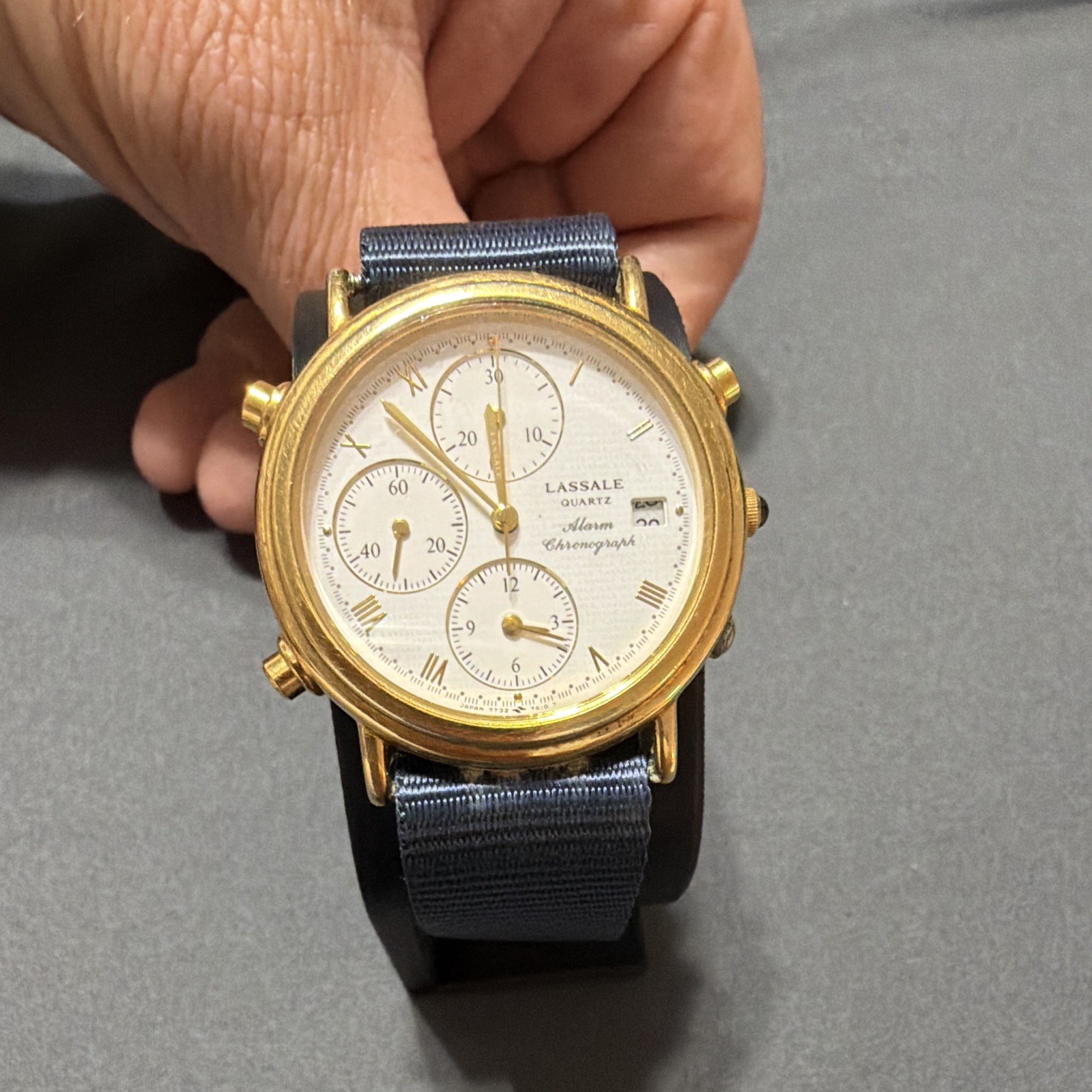 Lassale Quartz Alarm Chronograph Date Gold Tone White Roman Dial Blue Strap