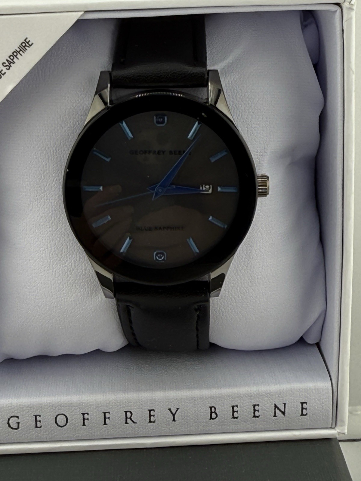 NIB Geoffrey Beene Blue Sapphire Men’ Black leather band Wristwatch