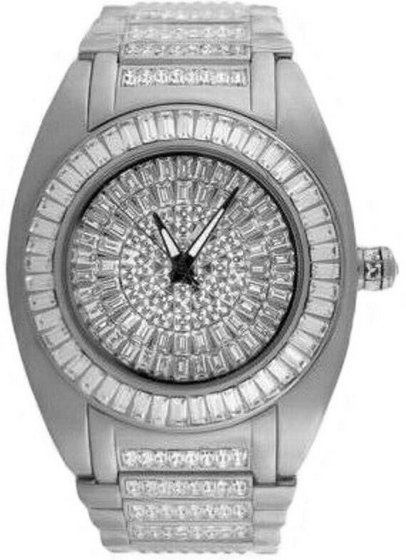 FULL ICY CELEBRITY WEAR WHITE GOLD TONE SIMU DIAMOND BAGUETTE SWISS CUSTOM WATCH