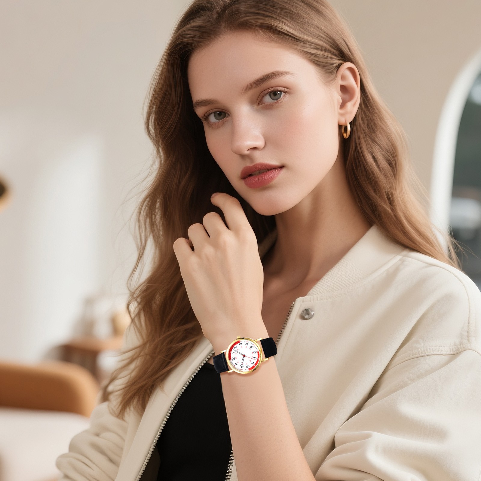 Womens Men Leather Band Easy Reader 24H/12H Dial Pulse Calculation Medical Watch