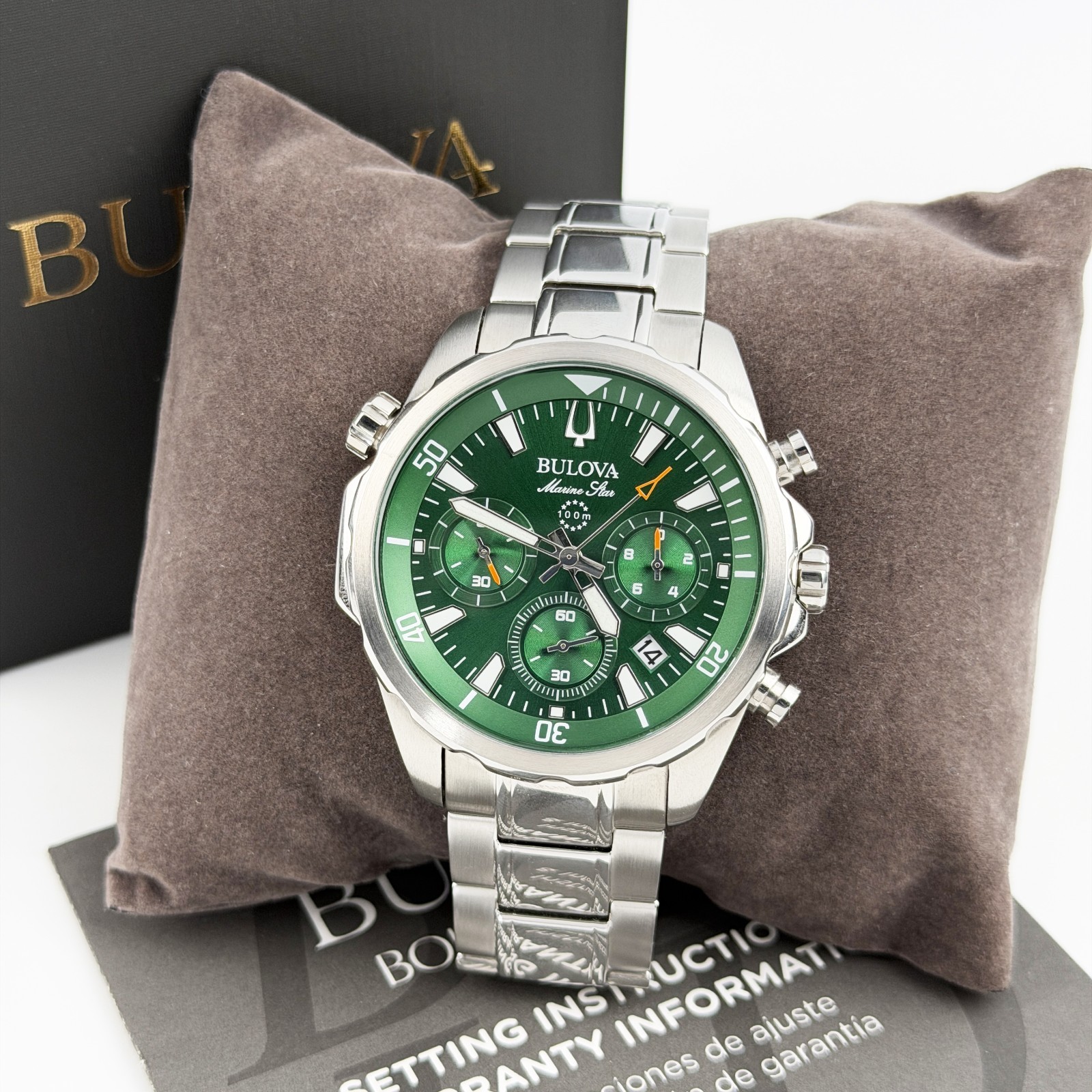 Bulova Marine Star Green Dial Men’s 96B396 Chronograph Quartz Watch 43mm New
