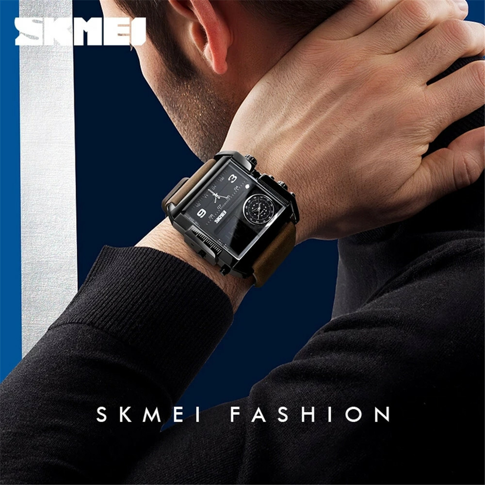 SKMEI Men’s Leather Watch – Square Digital Quartz Stopwatch Sport Wristwatch