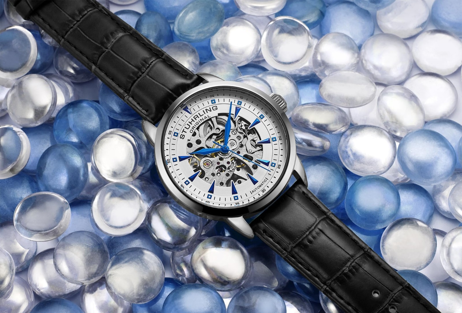 Men’s Skeleton Automatic Dress Watch, Alligator Embossed Leather Strap, Skeleton