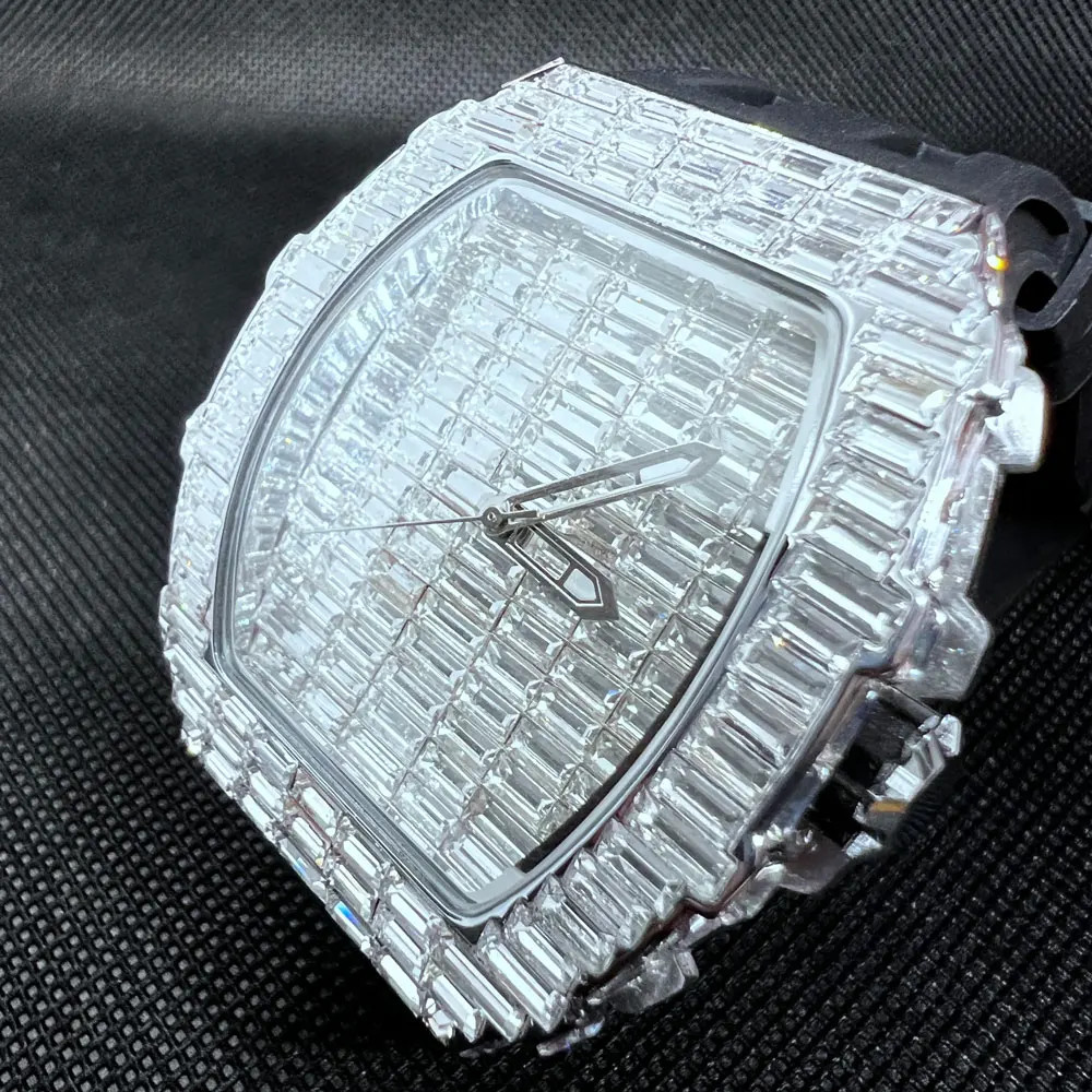 Fashion Tonneau Diamond Bling Men’s Watch Waterproof Rubber Band Gift