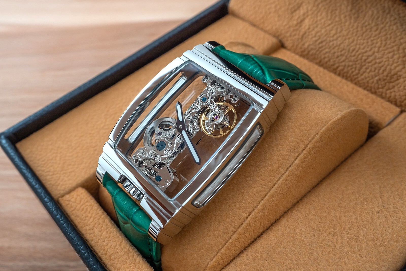 Mens Silver Bridge Manual Mechanical Watch – Green Leather Strap Gift