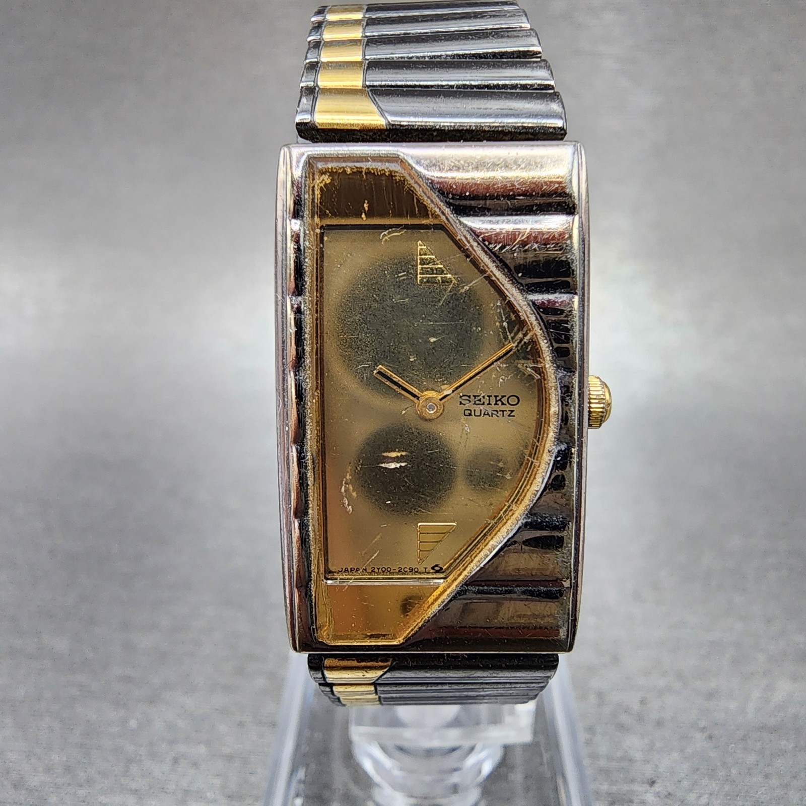 Seiko Half Moon Watch Women 17mm Champagne Dial Black&Gold Rectangle New Battery