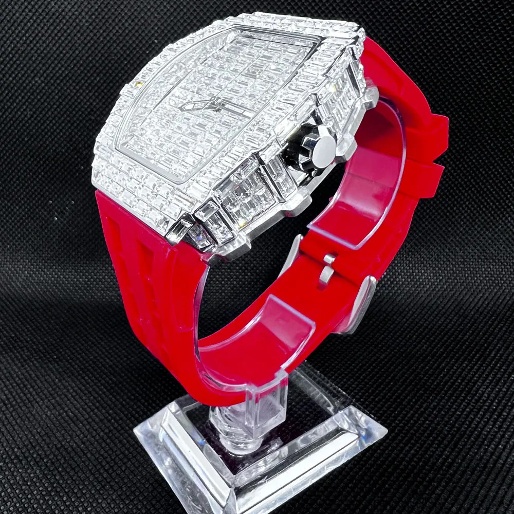 Fashion Tonneau Diamond Bling Men’s Watch Waterproof Rubber Band Gift
