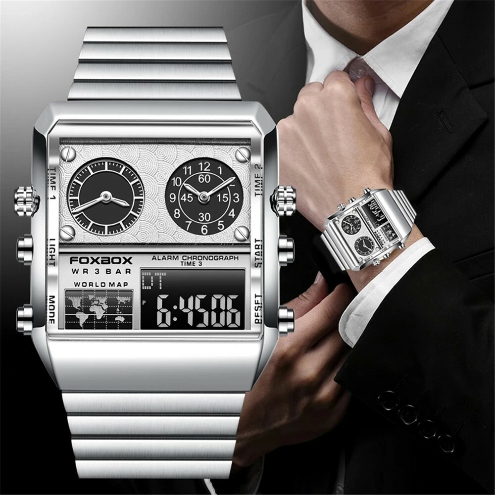 LIGE FOXBOX Men Watch Rectangle Dual Time Wristwatch Male Digital LED Watches
