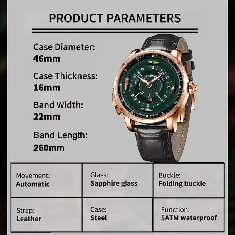 🔥USA🔥PINDU Men’s Mechanical Watch Horse Racing Green Dial Sapphire Glass P6652
