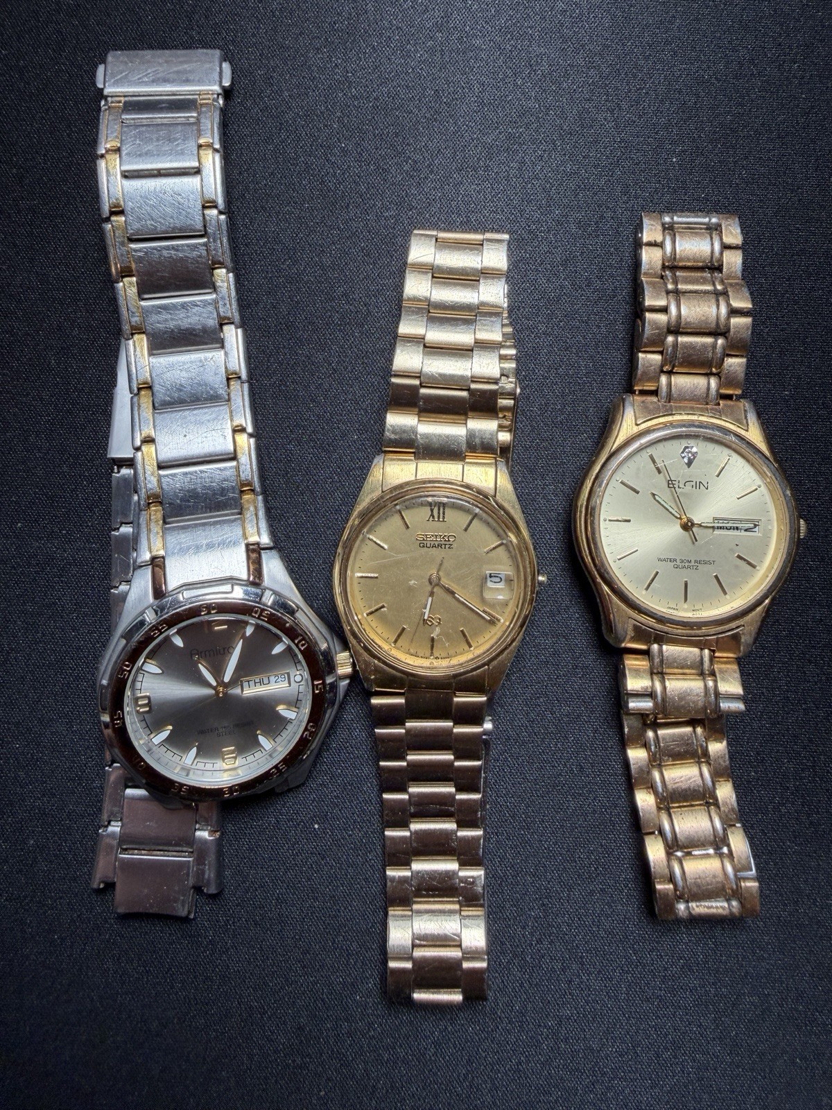 Lot of 3 Quartz Watches Armitron Seiko Elgin Parts Repair Untested Day Date