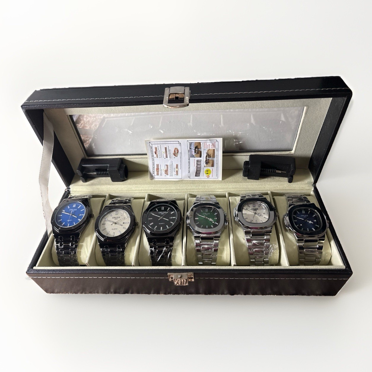 ORUSS 1853 6-Piece Men’s Quartz Watch Collection Gift Set Display Case New
