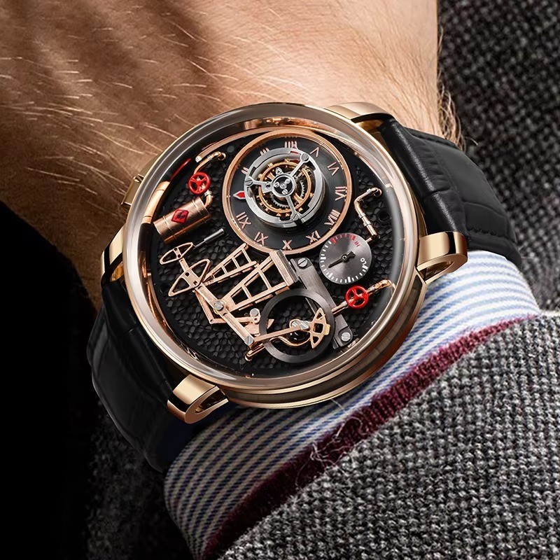 PINDU Oil Pump Quartz Watch 45mm Bobbing Pump Push Button Sapphire Leather 5Bar