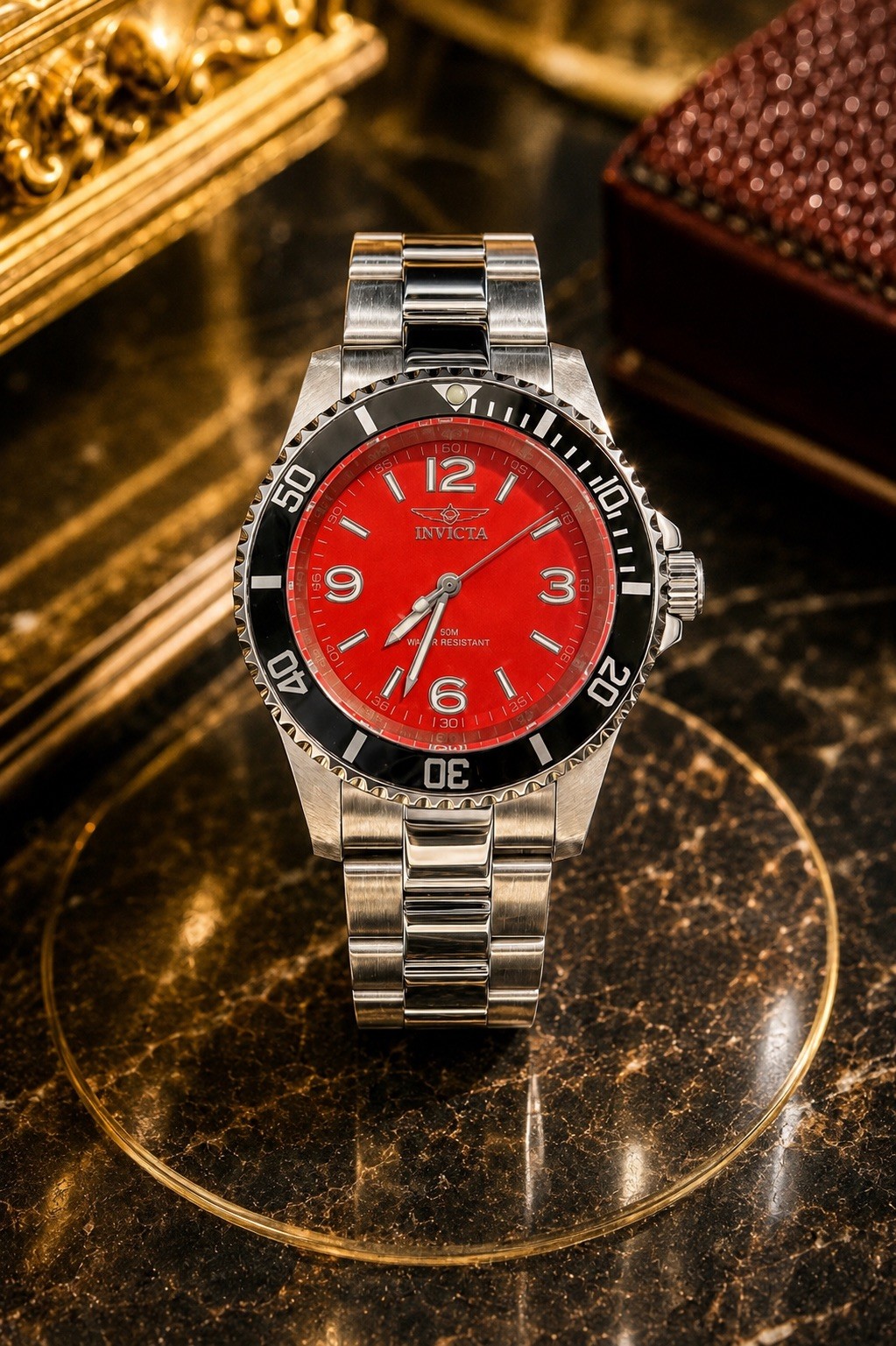 NEW Invicta Specialty Rowan Men’s Quartz Watch Red Dial SS Bracelet Black Bezel