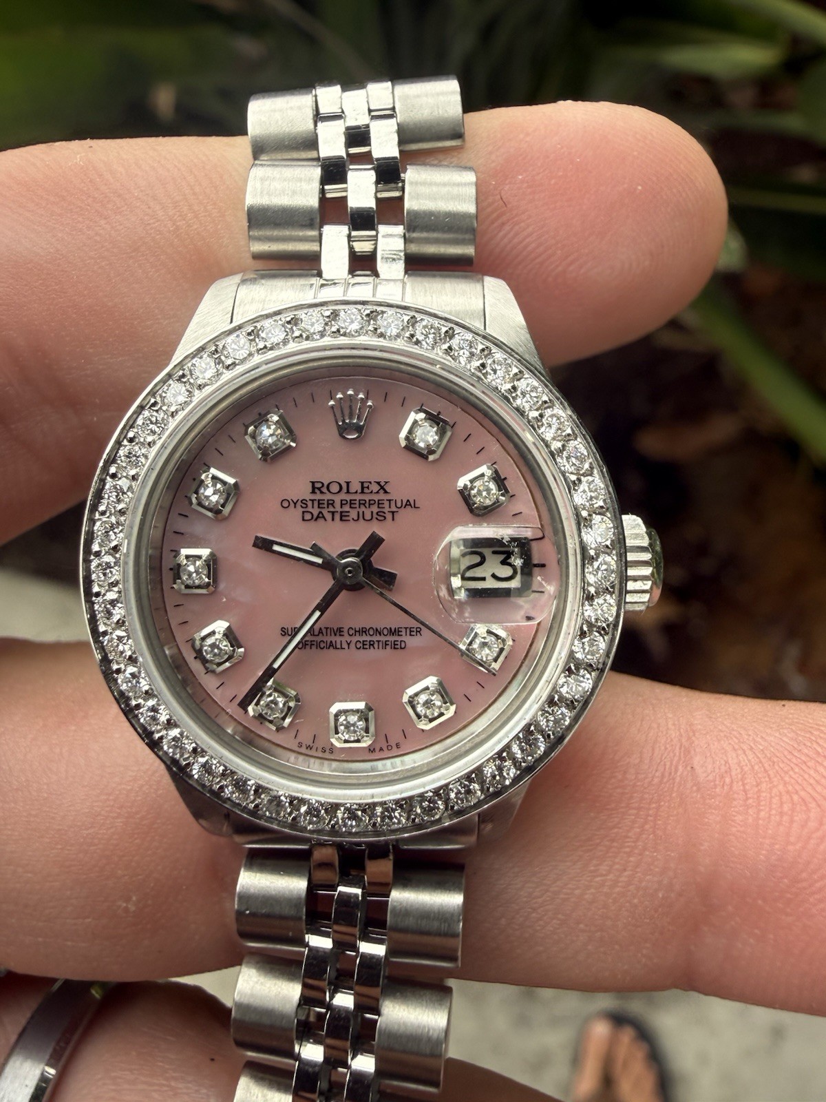 Rolex Ladies Datejust Pink MOP Diamond Dial Diamond Bezel Jubilee Band