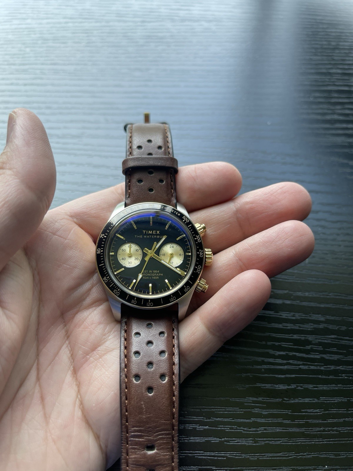 Timex Waterbury Heritage Chronograph Black And Gold Brown Leather Strap