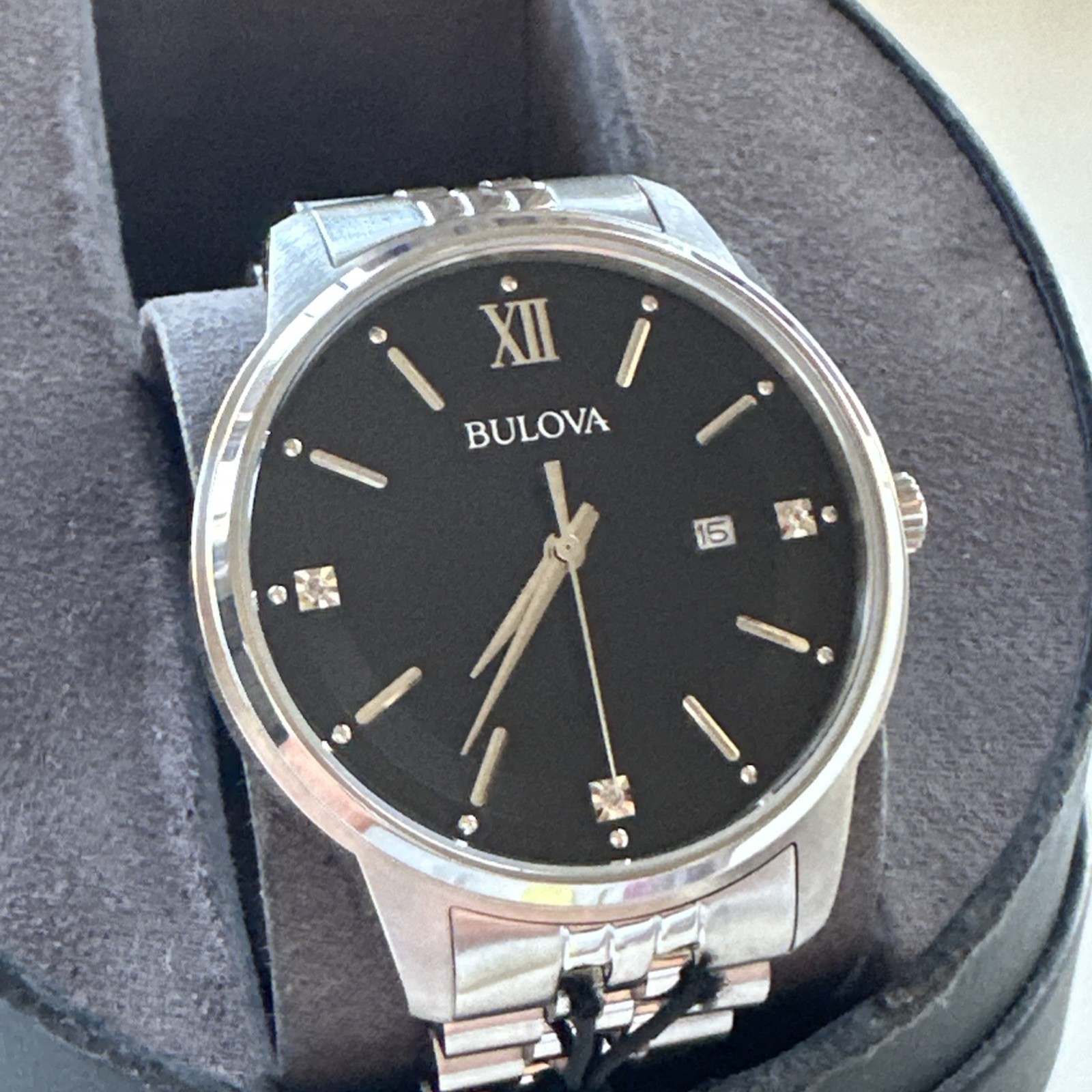 Bulova Men’s Quartz Silver Diamond Accent Marker Black Dial Watch 96D151