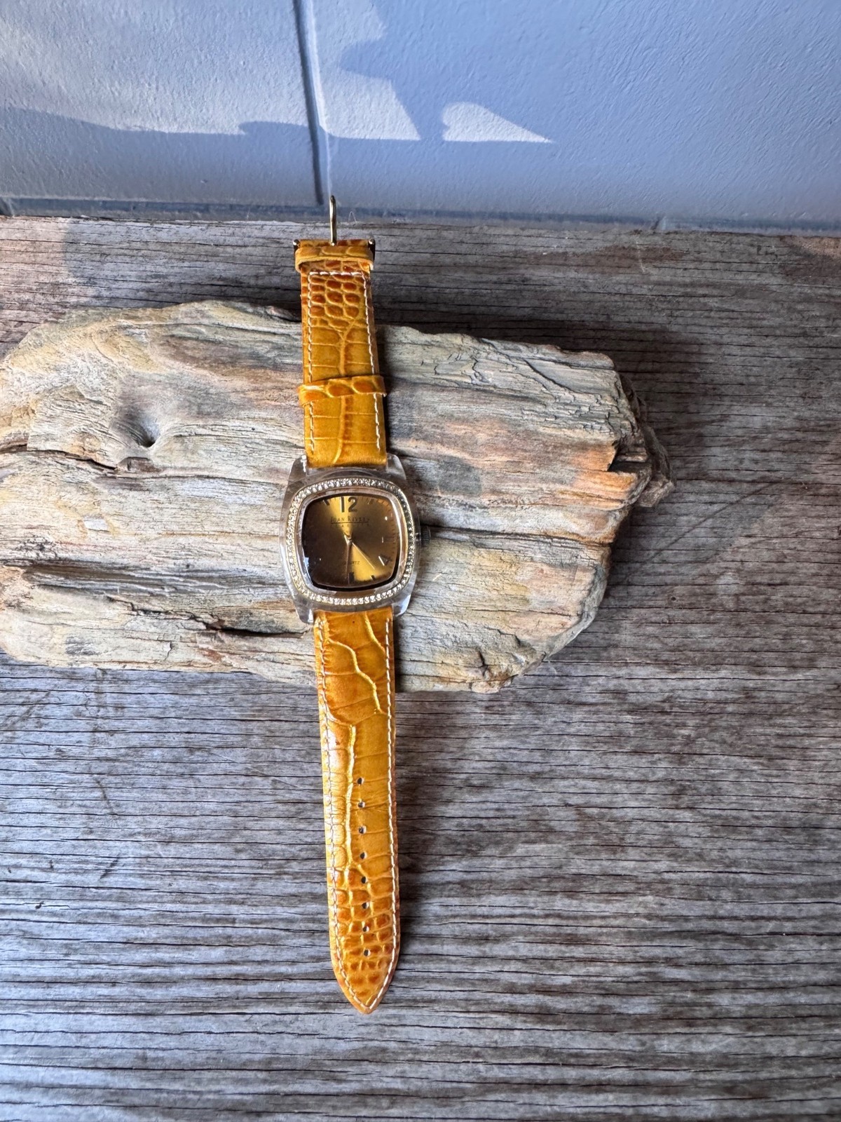 Joan Rivers Classics Rhinestone Lucite Watch Cognac Leather Strap Quartz