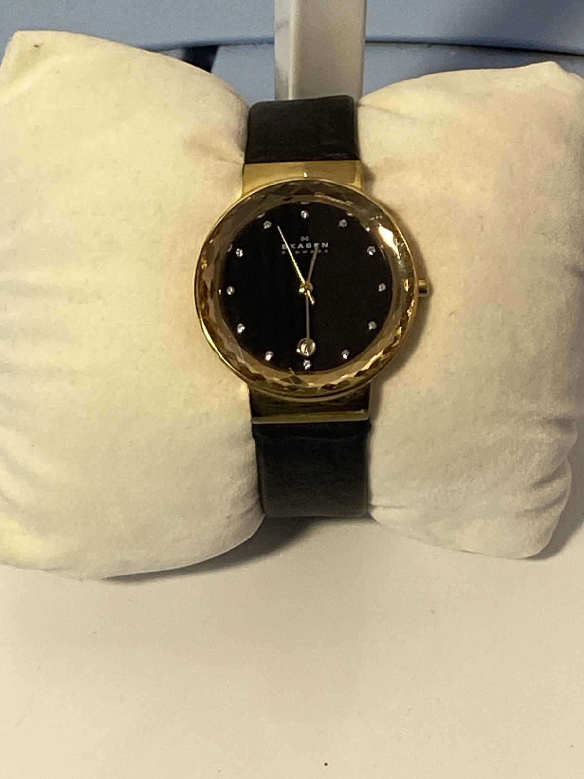 Skagen Denmark Gold-Tone Faceted Case Black Dial Leather Strap Watch
