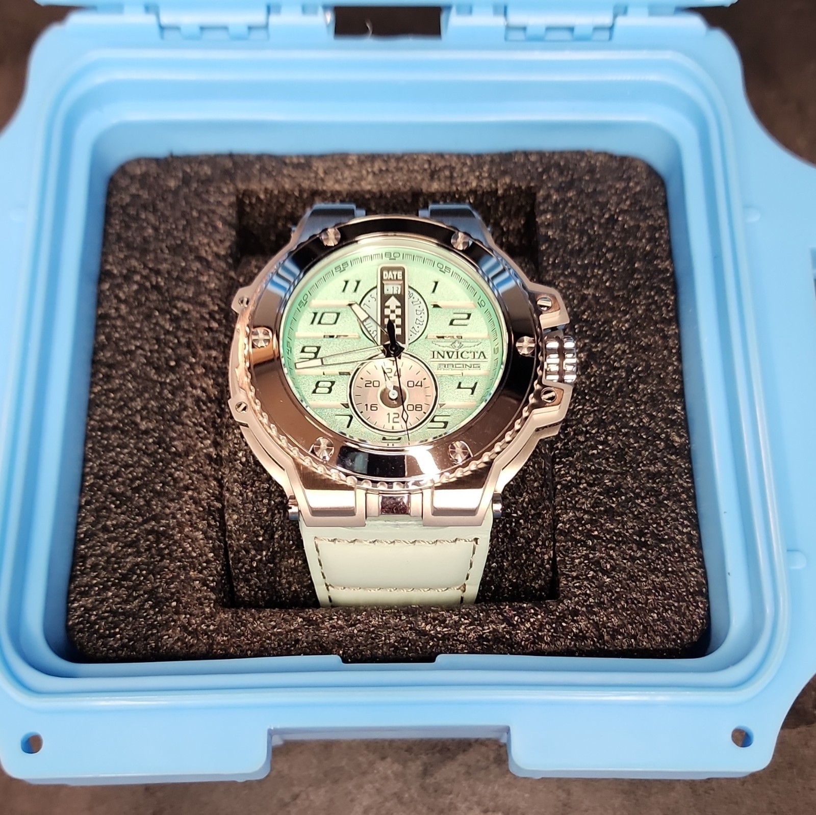 Invicta Racing Men’s Downforce Watch Green Dial/Leather Strap, W/Dive Case.