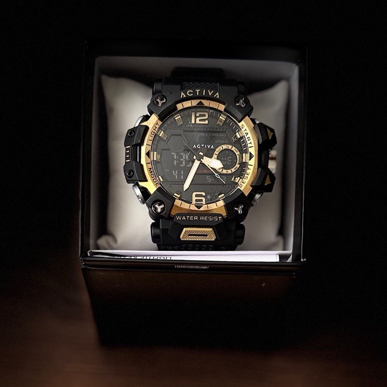Activa Men’s Analog-Digital Quartz Water Resistant Black/Gold Sport Watch Box