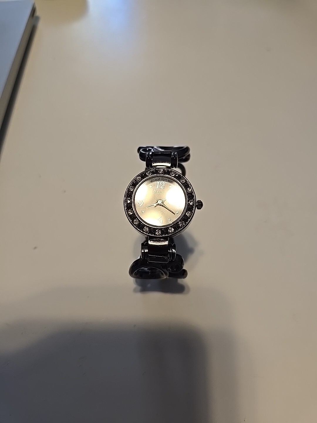Studio 1 Women’s 8” Black Silvertone Cuff Bangle Watch Rhinestones New Battery