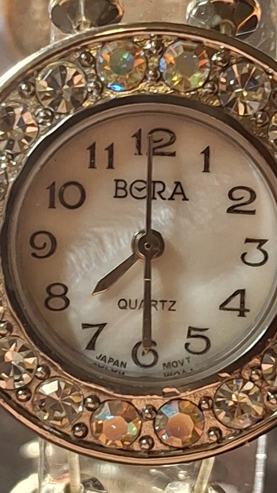 Bora Quartz Wristwatch Silver Tone Bracelet Crystal Accents Analog Mother of Pe…