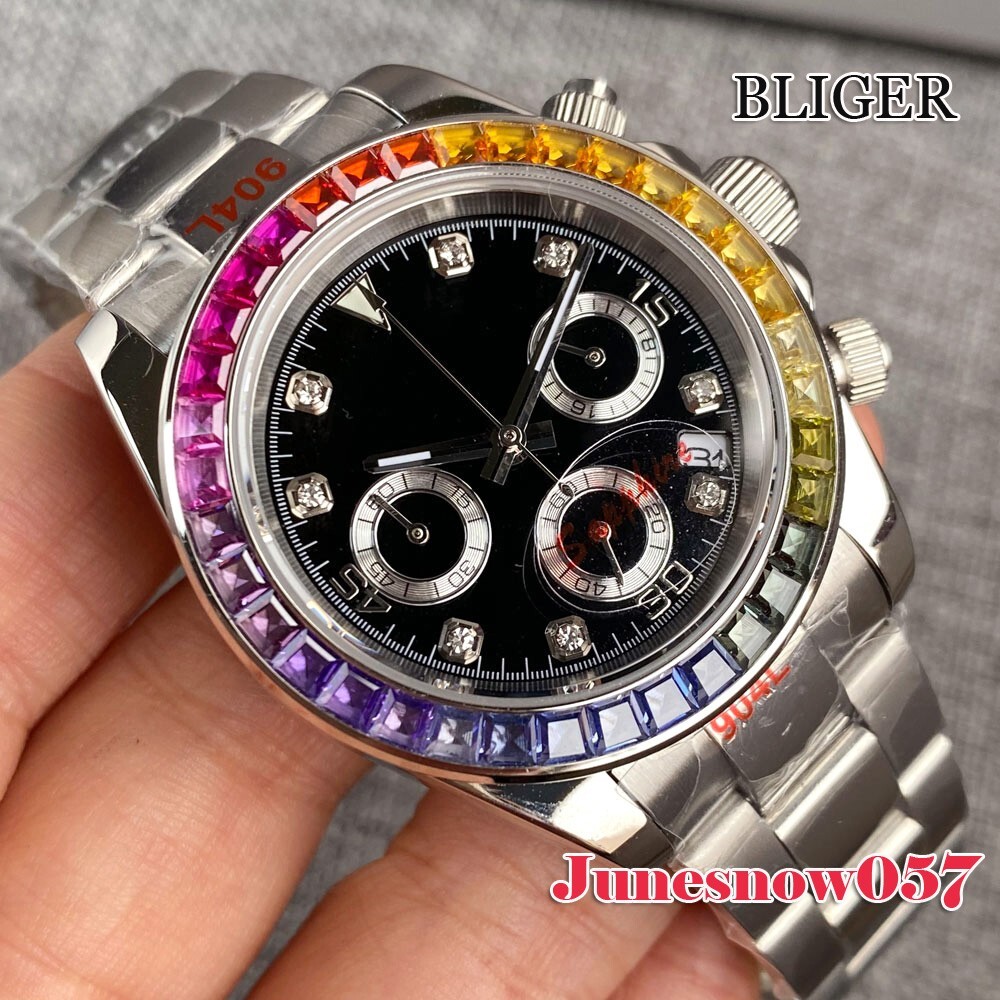 Bliger Men Watch Black Dial Quartz Chronograph Date Function Multicolour Bezel