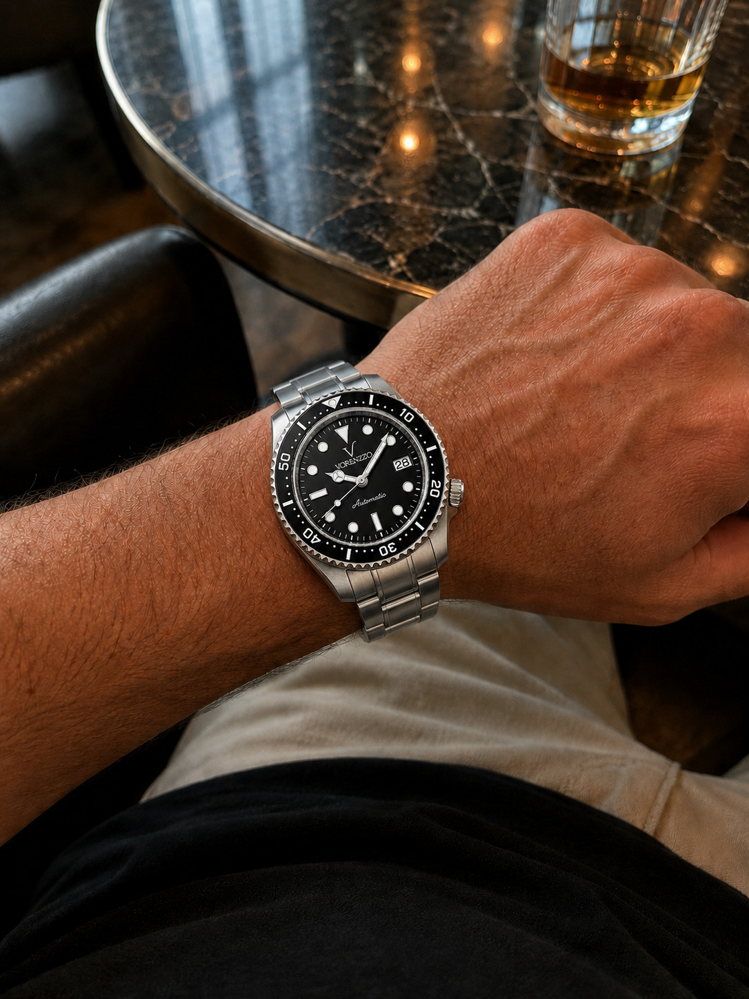 VORENZZO Automatic Black Diver Watch Sapphire Crystal Steel Bracelet