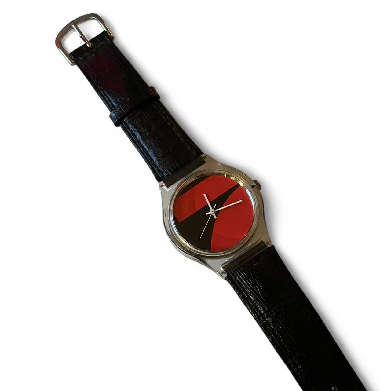 Vintage Clear Art Watch – Red & Black Abstract Design – Needs Battery Sold AS IS