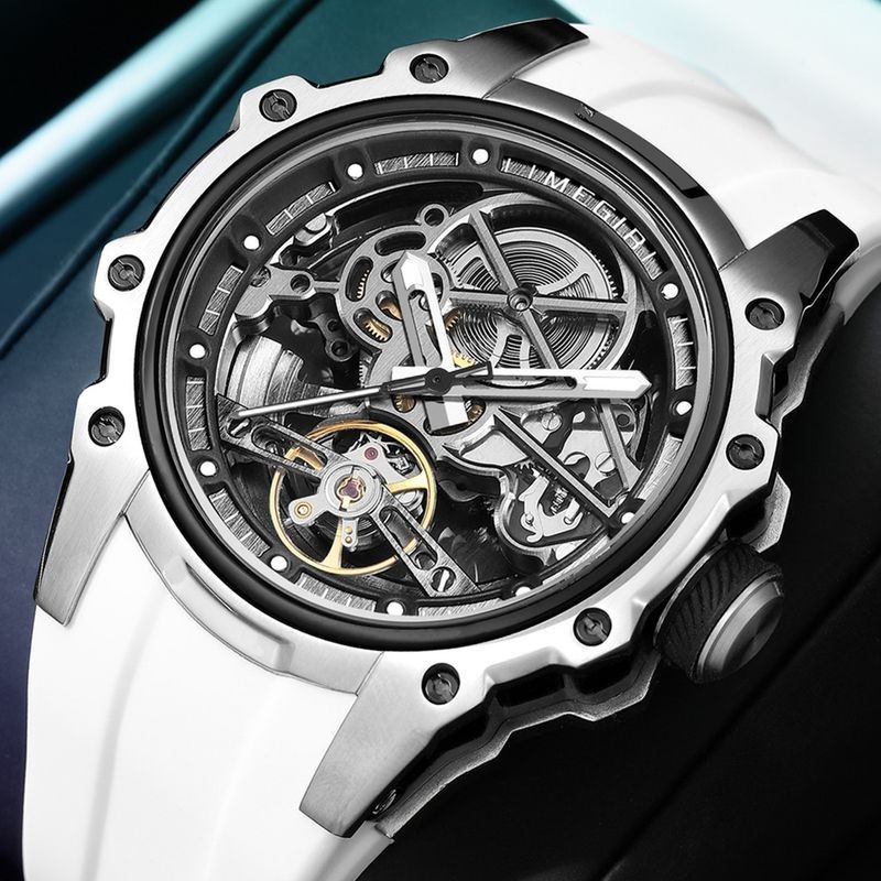 Megir 2243 Automatic Skeleton Watch 43mm Steel Case White Strap – UK Seller