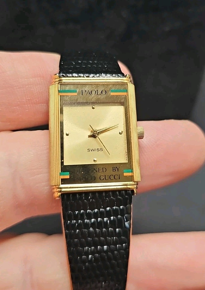 Paolo Gucci Swiss Made Quartz Rectangular Gold Case & Dial Brown Strap